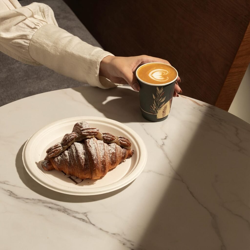 لوبين بيكري: طاولة عليها كوب قهوة ساخنة وكروسون لذيذ