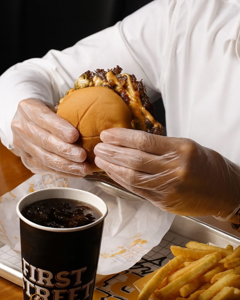 فيرست ستريت برغر: برغر اللحم اللذيذ مع البطاطس المقلية المقرمشة والمشروب الغازي