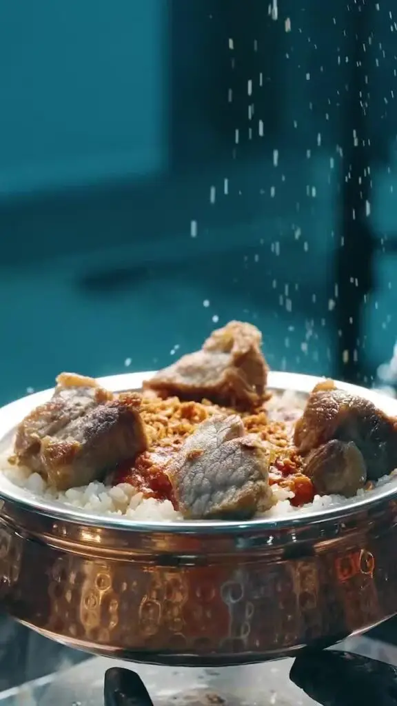 مطعم قصر النيل: رز ابيض بسمتي مع قطع اللحم يقدم مع الصوص